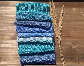 Hand knit soft stretchy women's/teen scarf in shades of blue and green. Ready to ship. More colors available.