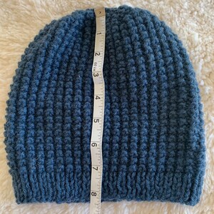Adult/teen sized wool blend stretchy handknitted beanie. Denim blue . Ready to ship. More colors available. image 2