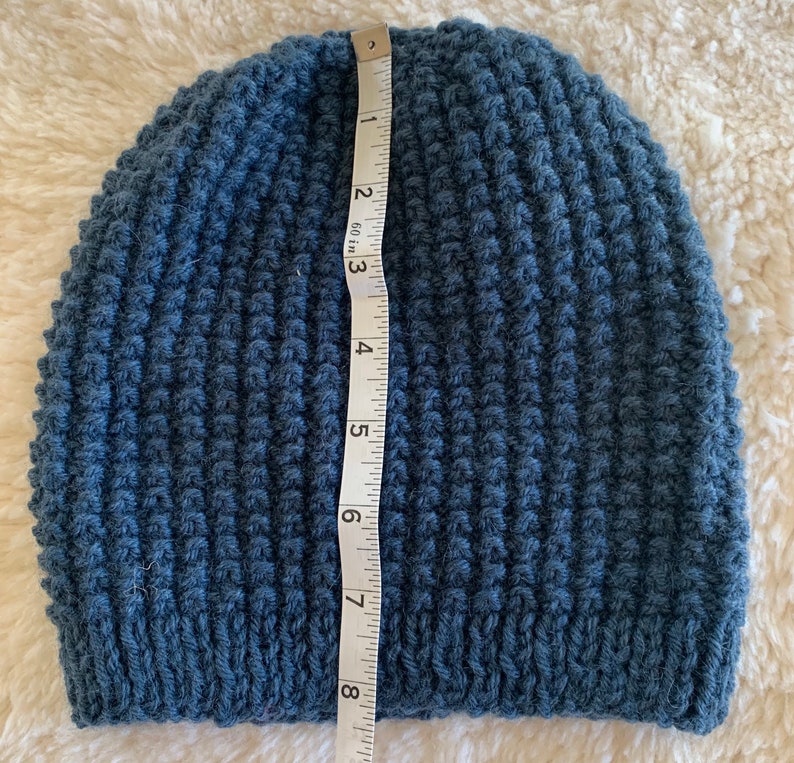 Adult/teen sized wool blend stretchy handknitted beanie. Denim blue . Ready to ship. More colors available. image 2