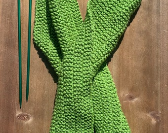 Handknit women's /teen green soft stretchy classic textured scarf 55" long x 6" wide. Ready to ship. More colors available.