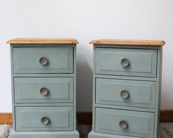 Duckegg Blue Bedside Tables, Pair of Farmhouse Solid Pine Nightstands