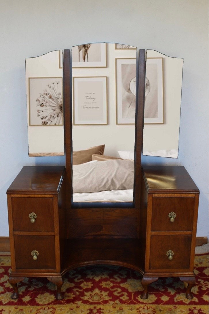 Vintage Veneer Dressing Table With Triple Mirrors Vintage Etsy UK