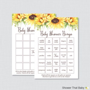 Zonnebloem baby shower bingokaarten - afdrukbare blanco bingokaarten EN voorgevulde kaarten - rustieke herfst, zomer baby shower bingokaarten - 0051