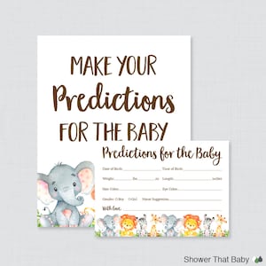 Tarjetas de predicción de Baby Shower Safari - Descarga instantánea - Género Neutral Safari Baby Statistics Game Guess Baby's Birthday, Weight - 0060