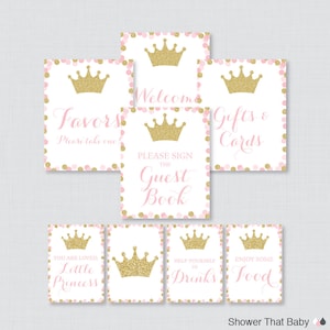 Printable Pink and Gold Princess Baby Shower Table Signs - EIGHT Signs! Welcome Sign, Favors Sign, etc - Instant Download - Princess 0070-G
