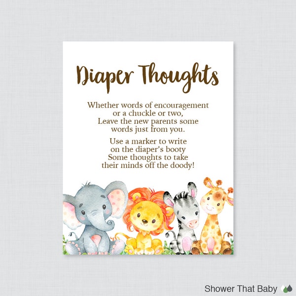 Safari Baby Shower Diaper Thoughts Game - Téléchargement imprimable - Gender Neutral Safari Write on Diaper Message Game, Words for Wee Hours, 0060