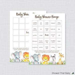 Safari Baby Shower Bingo Karten - druckbare Blanko Bingo Karten UND vorgefüllte Bingo Karten, Safari Tiere Baby Shower Bingo Gender Neutral 0060