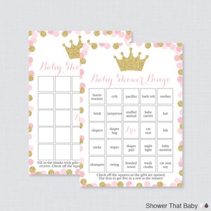 Pink and Gold Princess Baby Shower Bingo Cards - Printable Blank Bingo Cards AND PreFilled Cards - Pink Glitter Princess Baby Bingo - 0070-G