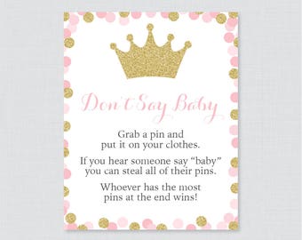 Pink and Gold Princess Baby Shower Don't Say Baby Game - Printable Diaper Pin Clothes Pin Activity, Pink Glitter Princess Game Sign - 0070-G