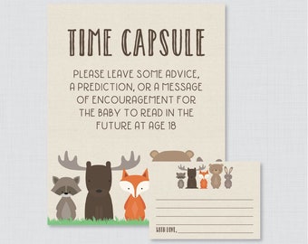 May include: A beige time capsule sign with the text "TIME CAPSULE" and instructions for leaving a message for a baby. Includes illustrations of woodland animals and a matching card with lines for writing.