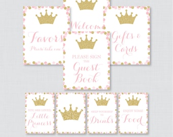 Printable Pink and Gold Princess Baby Shower Table Signs - EIGHT Signs! Welcome Sign, Favors Sign, etc - Instant Download - Princess 0070-G