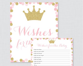 Pink and Gold Princess Baby Shower Wishes for Baby Activity - Printable Well Wishes for Baby Card & Sign, Pink Glitter Princess 0070-G