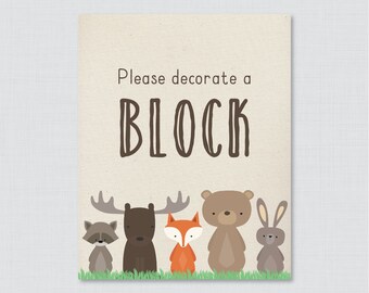 Woodland Baby Shower "Decorate a Block" Sign AND "Sign a Block" Sign - Printable Download - "Please Decorate a Block" Sign - 0010