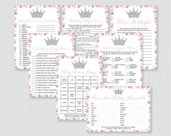 Pink and Gray Princess Baby Shower Games Package - Seven Printable Games: Bingo, Price is Right, etc, Pink Princess Baby Shower Games 0070-S