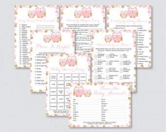 Pink and Gold Owl Baby Shower Games Package - Seven Printable Games: Bingo, Price is Right, etc - Pink Glitter Owl Baby Shower Games 0069-G