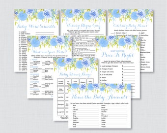 Blue Floral Baby Shower Games Package - Seven Printable Games: Bingo, Price is Right, Purse Game, Nursery Rhyme - Blue Flower Baby 0048