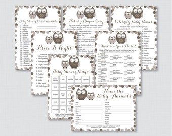 Brown Owl Baby Shower Games Package - Seven Printable Games: Bingo, Price is Right, etc, Gender Neutral Glitter Owl Baby Shower Games 0069-N