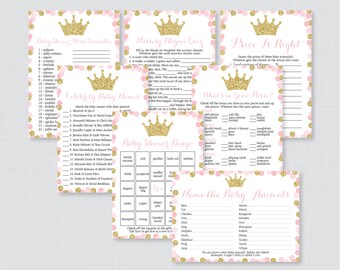 Pink and Gold Princess Baby Shower Games Package - Seven Printable Games: Bingo, Price is Right, etc, Pink Princess Baby Shower Games 0070-G