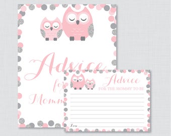 Pink and Gray Owl Baby Shower Advice for Mommy to Be Cards and Sign - Printable Advice for Mom, Advice for Parents to Be Activity 0069-P