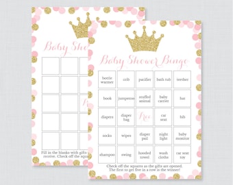 Pink and Gold Princess Baby Shower Bingo Cards - Printable Blank Bingo Cards AND PreFilled Cards - Pink Glitter Princess Baby Bingo - 0070-G