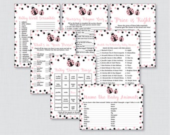 LADYBUG Baby Shower Game Pack Instant Download 7 Shower Games Red Ladybug Pink Flower Modern Baby Girl Cute DYI Printable Polka Dots B107