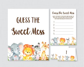 Safari Theme Baby Shower Diaper Candy Bar Game - Printable Guess The Sweet Mess - Safari Animal Candy Guess Game Cards, Sign & Labels - 0060