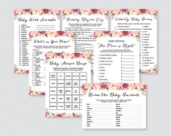 Pink Floral Baby Shower Games Package - Seven Printable Games: Bingo, Price is Right, Purse Game, Nursery Rhyme - Rustic Flower Baby 0059