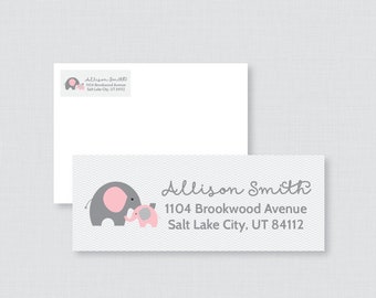 Pink Elephant Return Address Labels - Printed Elephant Baby Shower Return Address Labels - Pink Elephant Themed Address Stickers 0024-p