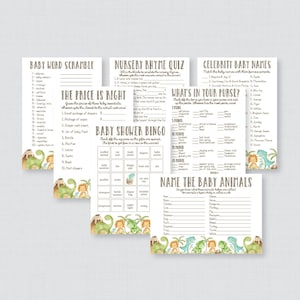Dinosaur Baby Shower Games Package - 7 Printable Games: Bingo, Price is Right, Purse Game, Nursery Rhyme Dinosaur Themed Baby Game Dino 0077
