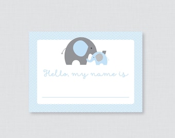 Blue Elephant Name Tag Stickers - Printed Elephant Baby Shower Name Tag Labels - Blue Elephant Themed Hello, My Name Is Stickers 0024-b
