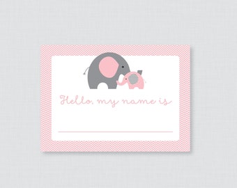 Pink Elephant Name Tag Stickers - Printed Elephant Baby Shower Name Tag Labels - Pink Elephant Themed Hello, My Name Is Stickers 0024-p