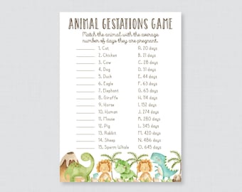 Dinosaur Baby Shower Animal Gestation Game - Printable Animal Pregnancy Game - Cute, Dinosaur Themed Baby Animals Match Game - 0077