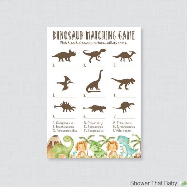Dinosaur Matching Game - Printable Dinosaur Themed Baby Shower Game - Name the Dinosaurs Baby Shower Quiz Matching Game - Dino Theme - 0077