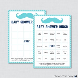 Schnurrbart Baby Shower Bingo Karten zum Ausdrucken - vorausgefüllte Bingo Karten UND leere Karten - Sofort Download - Little Man Bingo Aqua Blue 0002-A