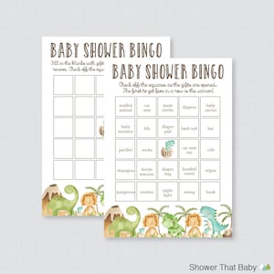 Dinosaurus baby shower bingokaarten - afdrukbare blanco bingokaarten EN voorgevulde bingokaarten - dinosaurus thema baby shower bingospel Dino 0077