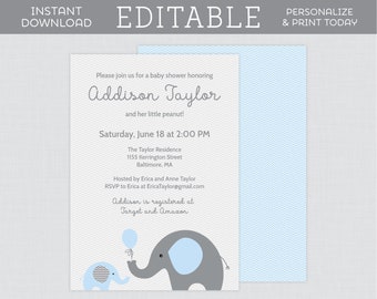 EDITABLE Elephant Baby Shower Invitations in Blue - Printable Elephant Themed Baby Shower Invites Template - Instant Download Invite 0024-b