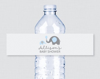 Printed Elephant Water Bottle Labels - Blue Elephant Baby Shower Water Bottle Labels - Personalized Elephant Themed Bottle Labels 0024-b