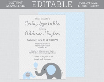 EDITABLE Elephant Baby Sprinkle Invitations in Blue - Printable Elephant Themed Baby Sprinkle Template - Instant Download Invite Blue 0024-b