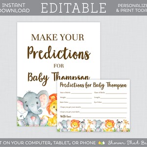 Prédictions modifiables pour les cartes de bébé et le signe - Prédictions de douche de bébé Safari pour l'activité de bébé - Carte de prédiction sur le thème des animaux Safari 0060
