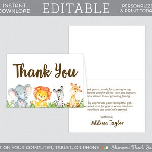Tarjetas de agradecimiento de Safari EDITABLES - Plantilla de tarjeta de agradecimiento doblada imprimible - Tarjetas de agradecimiento de Baby Shower con temática de animales de Safari Elefante 0060