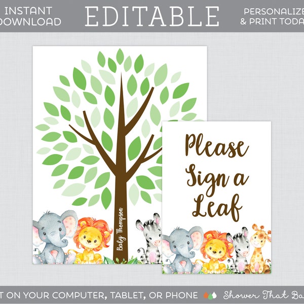 EDITABLE  Baby Shower Guest Book Sign - Safari Baby Shower Guest Book Tree Alternate - Safari Animal Themed Sign a Leaf Guestbook 0060