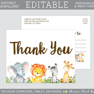 EDITIERBARE Safari-Dankeschön-Postkarten - druckbare Dankeschön-Postkartenvorlage - Safari-Tierthemen-Babyparty-Dankeschön-Postkarten 0060