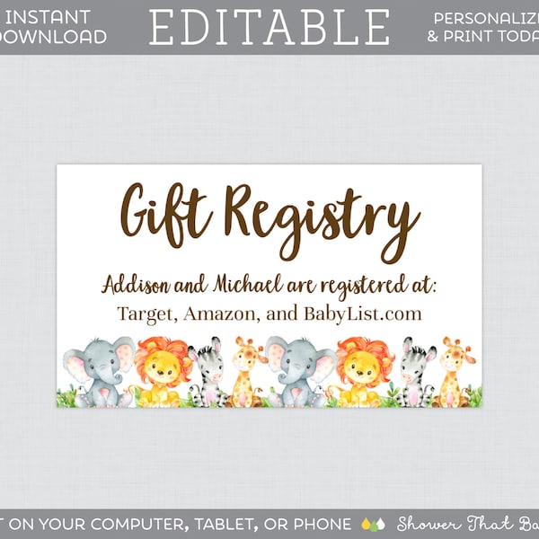 EDITABLE Safari Baby Shower Gift Registry Inserts - Safari Themed Registry Insert Template - Editable Safari Animal Registry Cards 0060
