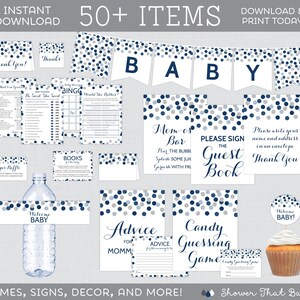 May include: A set of printable baby shower decorations in blue and gray with a confetti pattern. The set includes signs, games, and a welcome baby banner. The text on the signs includes "Mom-osa Bar", "Please Sign the Guest Book", "Advice for Mom", "Candy Guessing Game", and "Thank You".