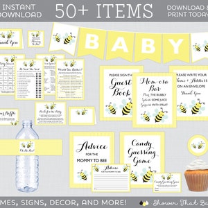 Puede incluir: Un conjunto de decoraciones imprimibles para una fiesta de baby shower con temática de abejas amarillas y negras. El conjunto incluye un libro de visitas, un cartel para la barra de mimosas, un cartel para la rifa de pañales, un juego de adivinanzas de dulces, consejos para la futura mamá y mucho más. El texto "Shower That Baby" está incluido en la imagen.
