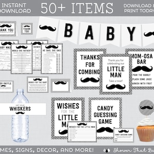 Black and White Mustache Baby Shower Bundle - 50+ Printable Activities, Games, Decorations, Inserts, Signs, Little Man Themed Package 0002-B