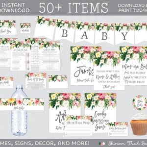 Tropical Flower Baby Shower Bundle - Over 50 Printable Activities, Decorations, Inserts, Signs, Hawaiian Floral Baby Shower Package 0071