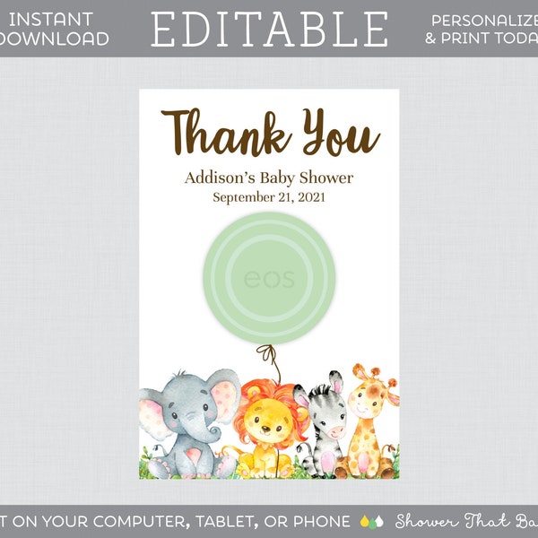 EDITABLE Safari Baby Shower EOS Favor Tags - Safari Baby Shower EOS Favor Tag Printable - Safari Animal Themed Lip Balm Favor Elephant 0060