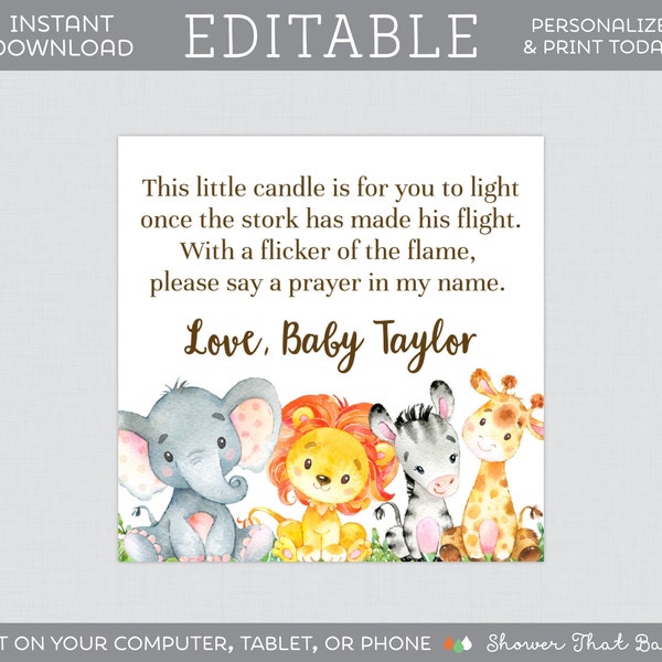 EDITABLE Baby Shower Candle Tags - Safari Baby Shower Candle Favor Tag Template - Editable Safari Animal Themed Favor Tags Elephant - 0060