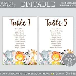 EDITIERBARE Tischbestuhlungsschilder - 4x6, 5x7 oder 20x10 "große Tischbestuhlungsschilder für Safari-Babyparty - Sitzplan-Karten Safari-Tier 0060